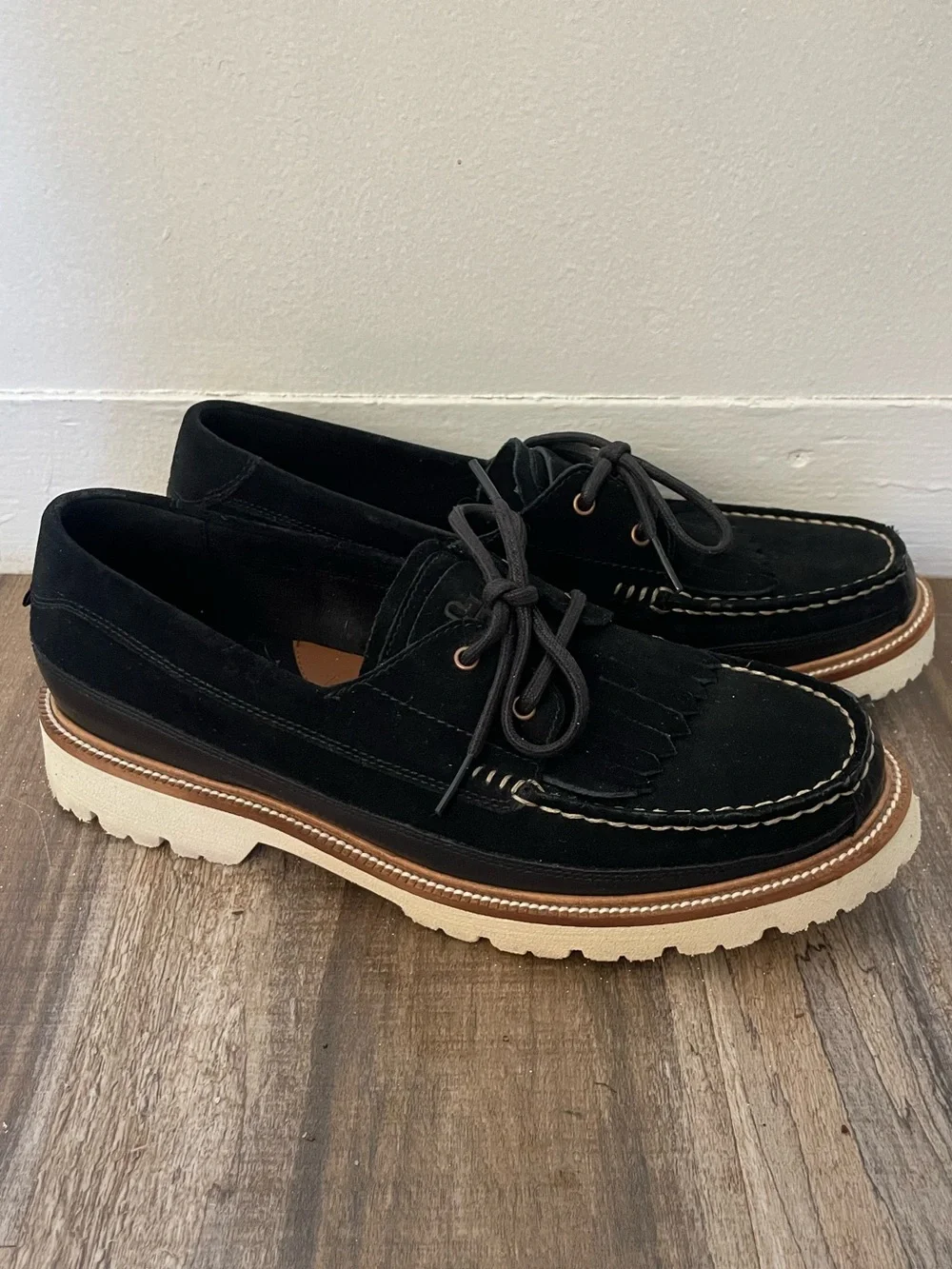 Cole Haan Black Suede Fringe Moccasin Boat Shoes with Contrast Sole